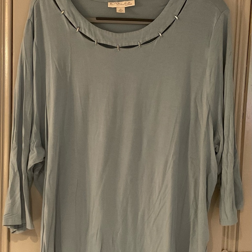 Blue Long Sleeve Blouse with Geometric Neckline